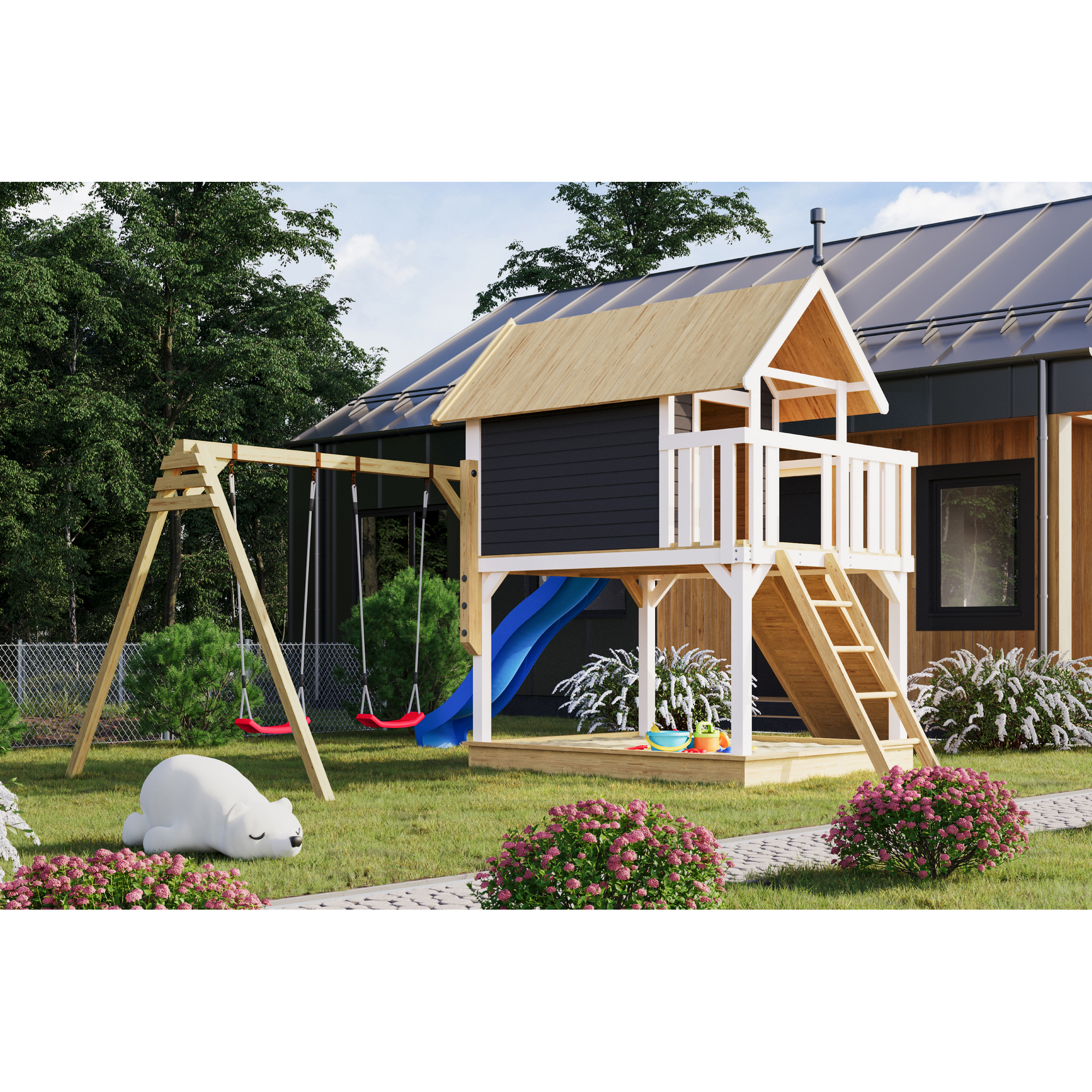 Stelzenhaus 'Karlie' terragrau mit Doppelschaukel, Rutsche blau 438 x 485 x 329,5 cm