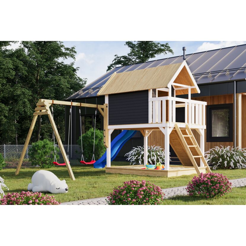 Stelzenhaus 'Karlie' terragrau mit Doppelschaukel, Rutsche blau 438 x 485 x 329,5 cm