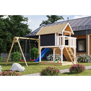 Stelzenhaus 'Karlie' terragrau mit Doppelschaukel, Rutsche blau 438 x 485 x 329,5 cm