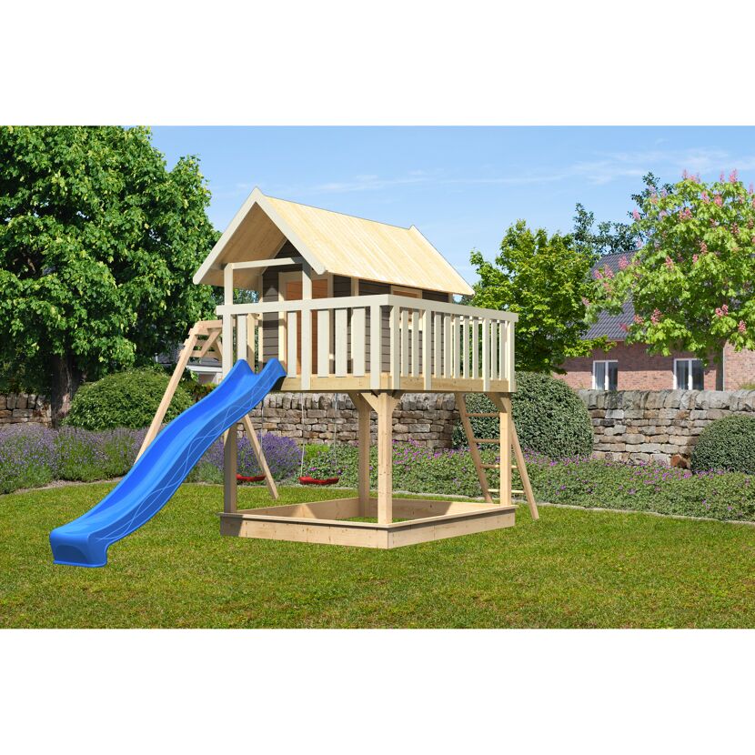 Stelzenhaus 'Karlie' terragrau mit Doppelschaukel, Rutsche blau 438 x 485 x 329,5 cm