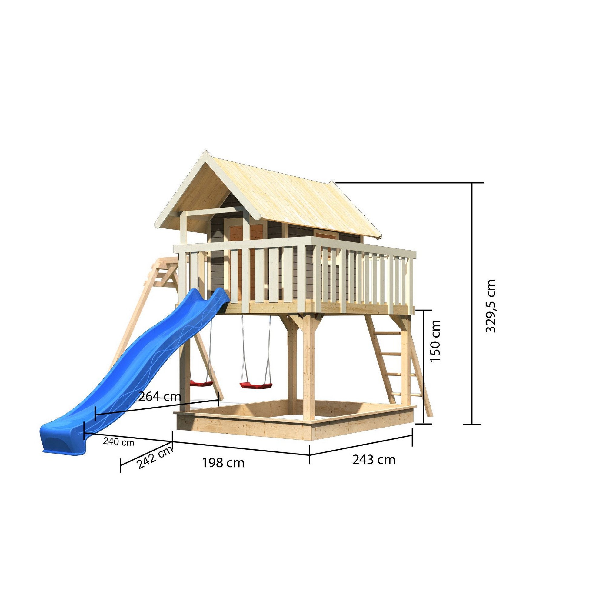 Stelzenhaus 'Karlie' terragrau mit Doppelschaukel, Rutsche blau 438 x 485 x 329,5 cm