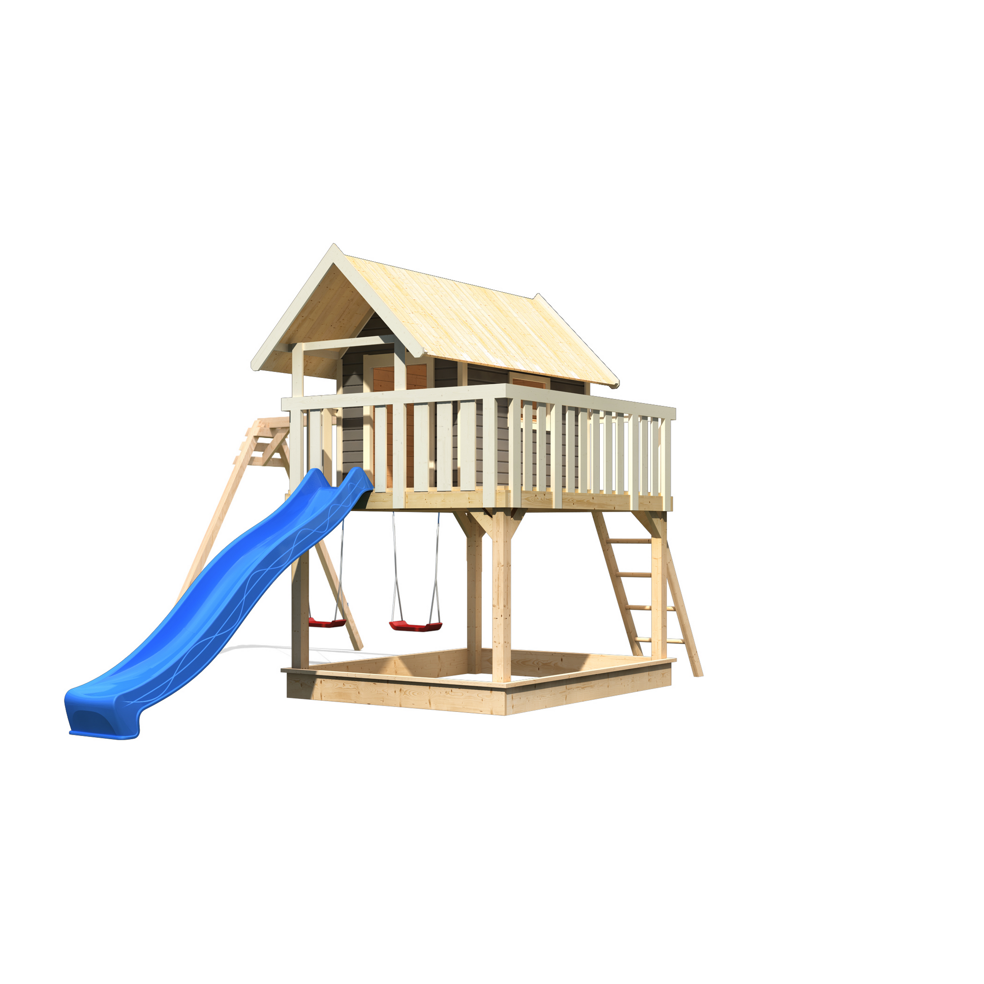 Stelzenhaus 'Karlie' terragrau mit Doppelschaukel, Rutsche blau 438 x 485 x 329,5 cm