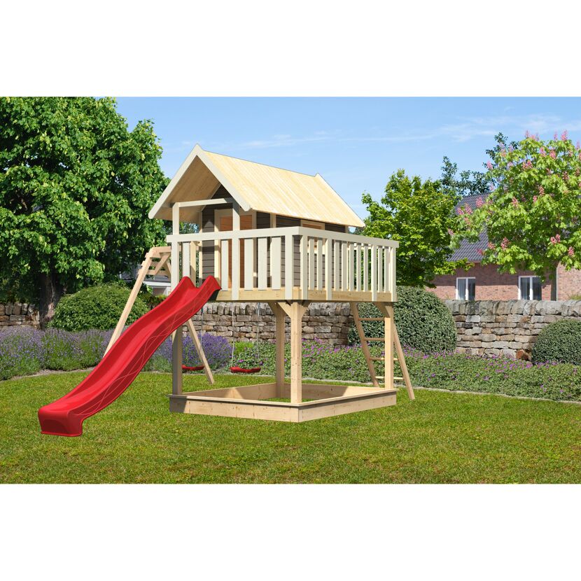 Stelzenhaus 'Karlie' terragrau mit Doppelschaukel, Rutsche rot 438 x 485 x 329,5 cm