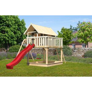 Stelzenhaus 'Karlie' terragrau mit Doppelschaukel, Rutsche rot 438 x 485 x 329,5 cm