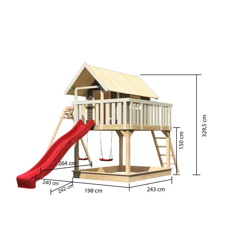 Stelzenhaus 'Karlie' terragrau mit Doppelschaukel, Rutsche rot 438 x 485 x 329,5 cm