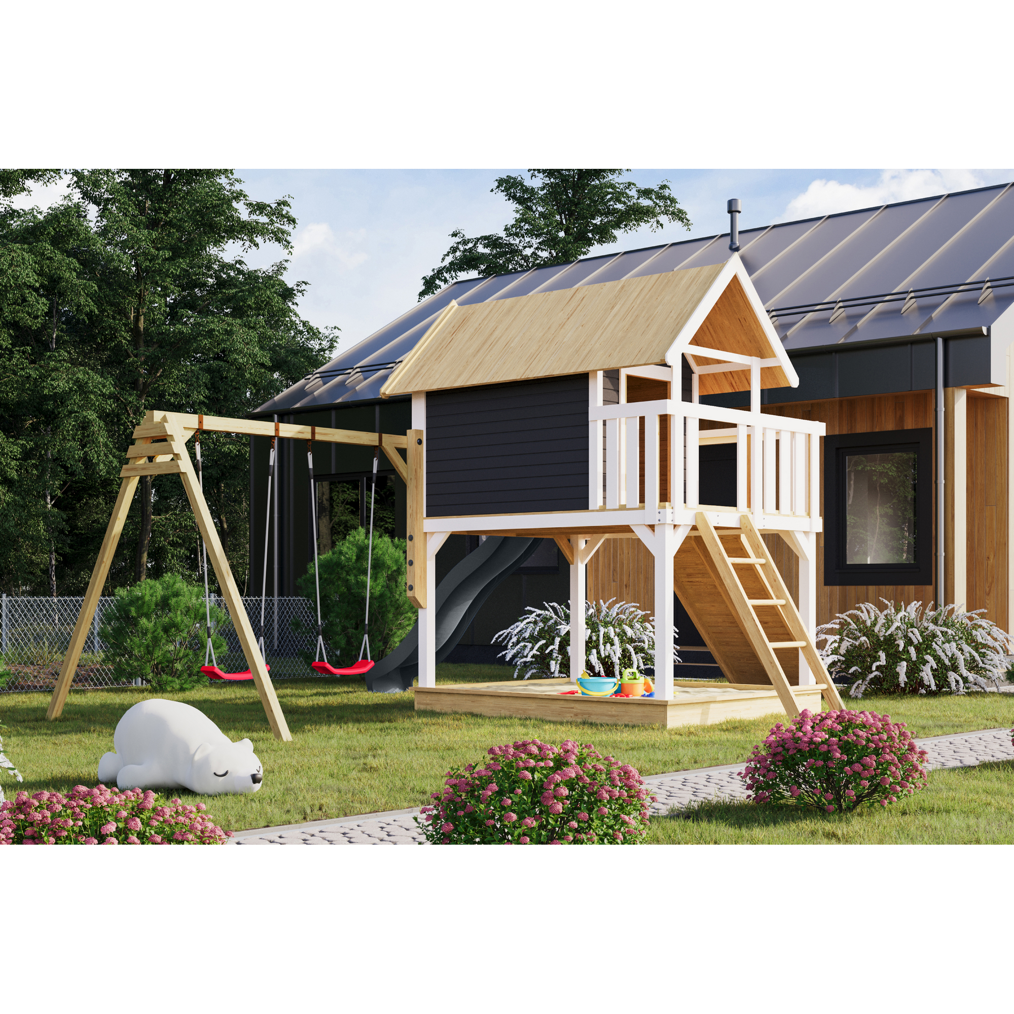 Stelzenhaus 'Karlie' terragrau mit Doppelschaukel, Rutsche anthrazit 438 x 485 x 329,5 cm