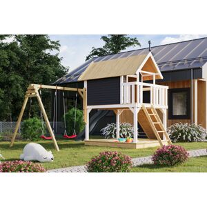 Stelzenhaus 'Karlie' terragrau mit Doppelschaukel, Rutsche anthrazit 438 x 485 x 329,5 cm