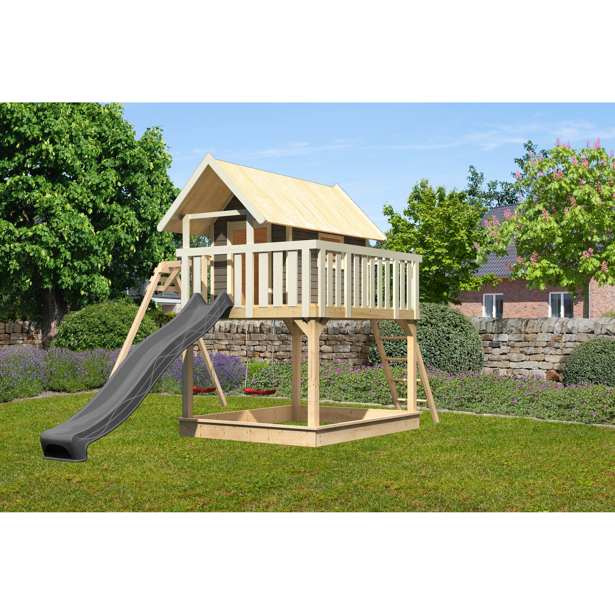 Stelzenhaus 'Karlie' terragrau mit Doppelschaukel, Rutsche anthrazit 438 x 485 x 329,5 cm
