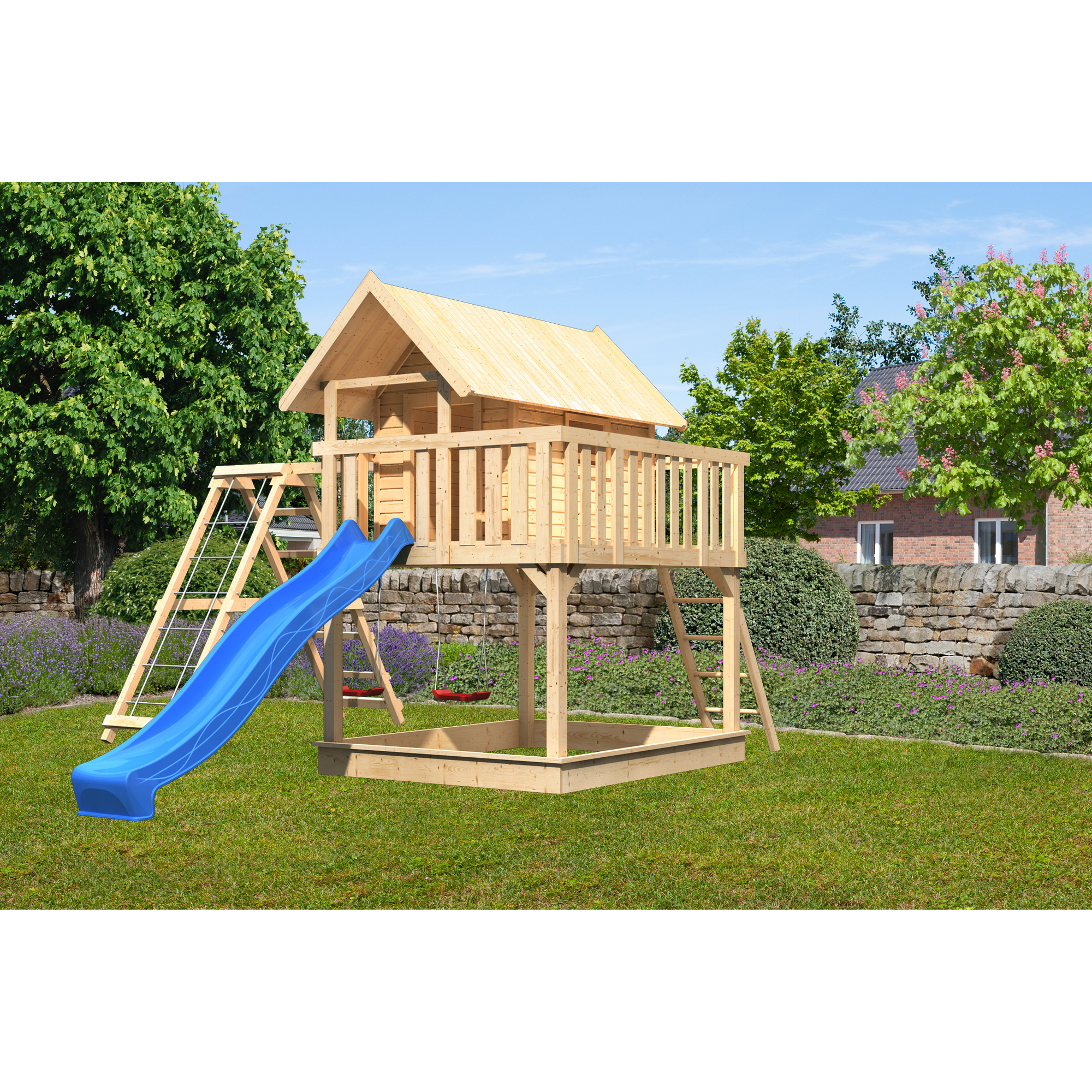 Stelzenhaus 'Karlie' naturbelassen mit Doppelschaukel, Rutsche blau 506 x 485 x 329,5 cm