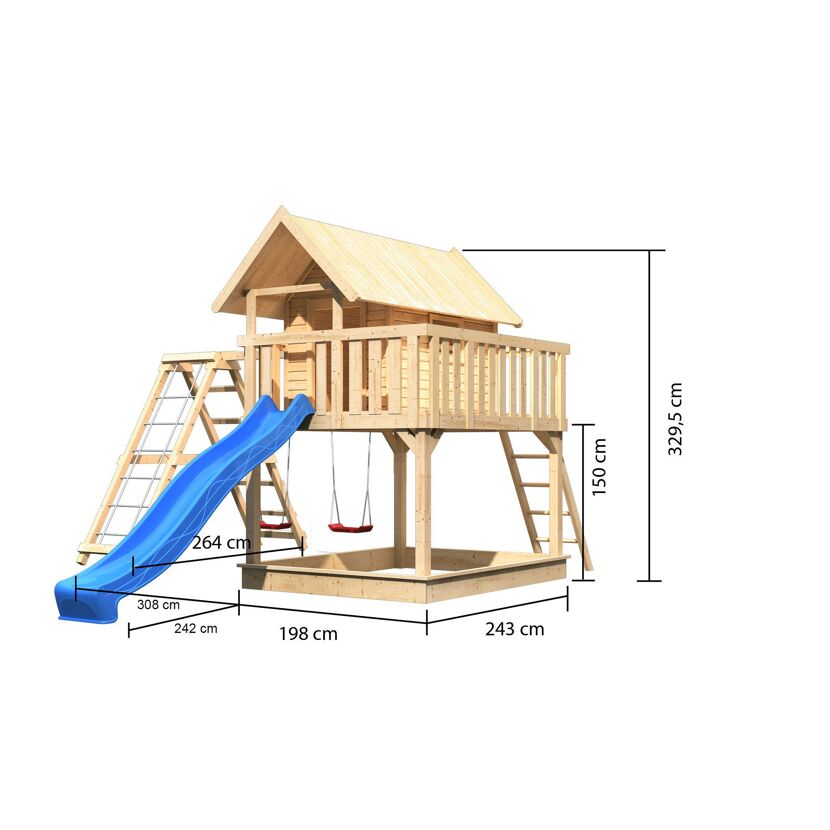 Stelzenhaus 'Karlie' naturbelassen mit Doppelschaukel, Rutsche blau 506 x 485 x 329,5 cm