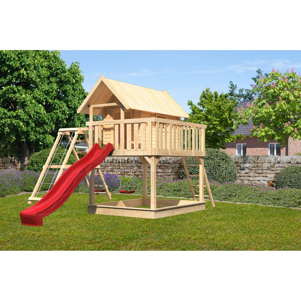 Stelzenhaus 'Karlie' naturbelassen mit Doppelschaukel, Rutsche rot 506 x 485 x 329,5 cm