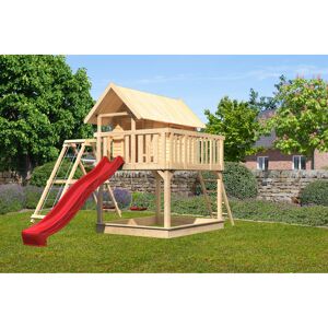 Stelzenhaus 'Karlie' naturbelassen mit Doppelschaukel, Rutsche rot 506 x 485 x 329,5 cm