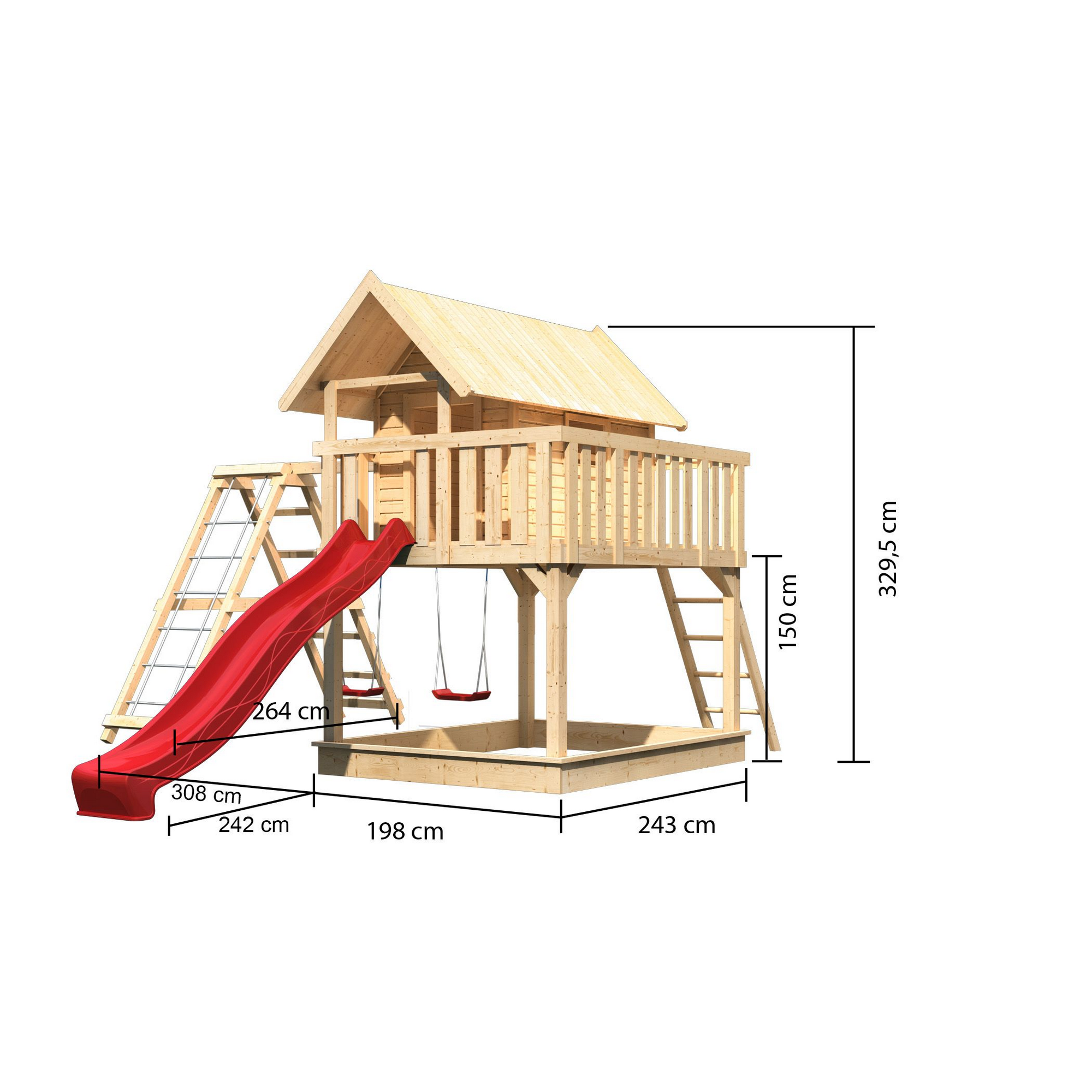 Stelzenhaus 'Karlie' naturbelassen mit Doppelschaukel, Rutsche rot 506 x 485 x 329,5 cm