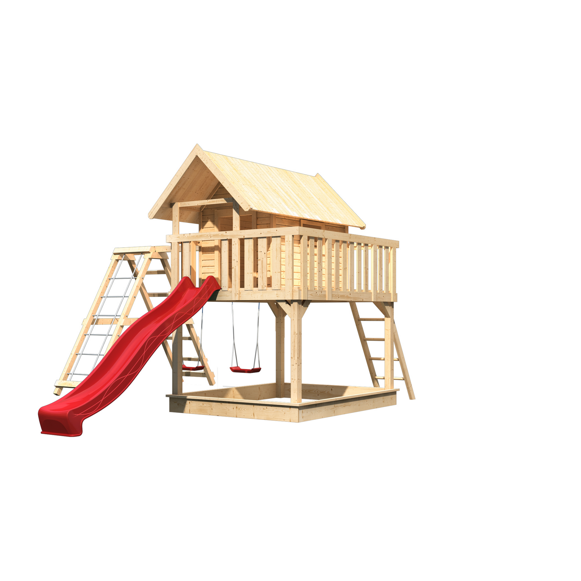 Stelzenhaus 'Karlie' naturbelassen mit Doppelschaukel, Rutsche rot 506 x 485 x 329,5 cm