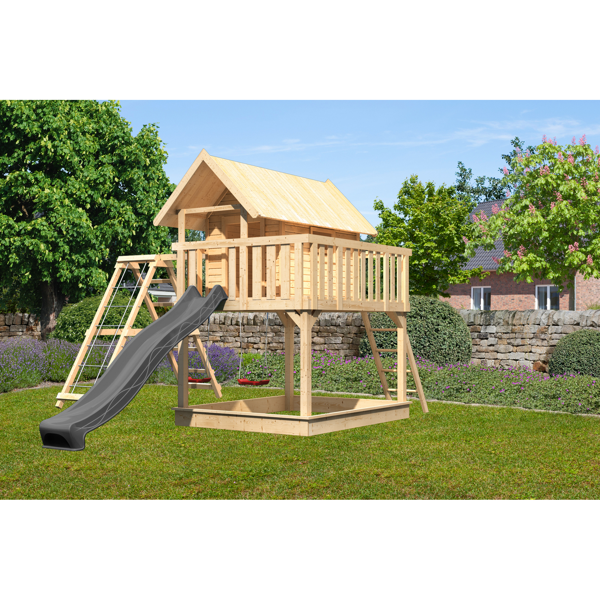 Stelzenhaus 'Karlie' naturbelassen mit Doppelschaukel, Rutsche anthrazit 506 x 485 x 329,5 cm