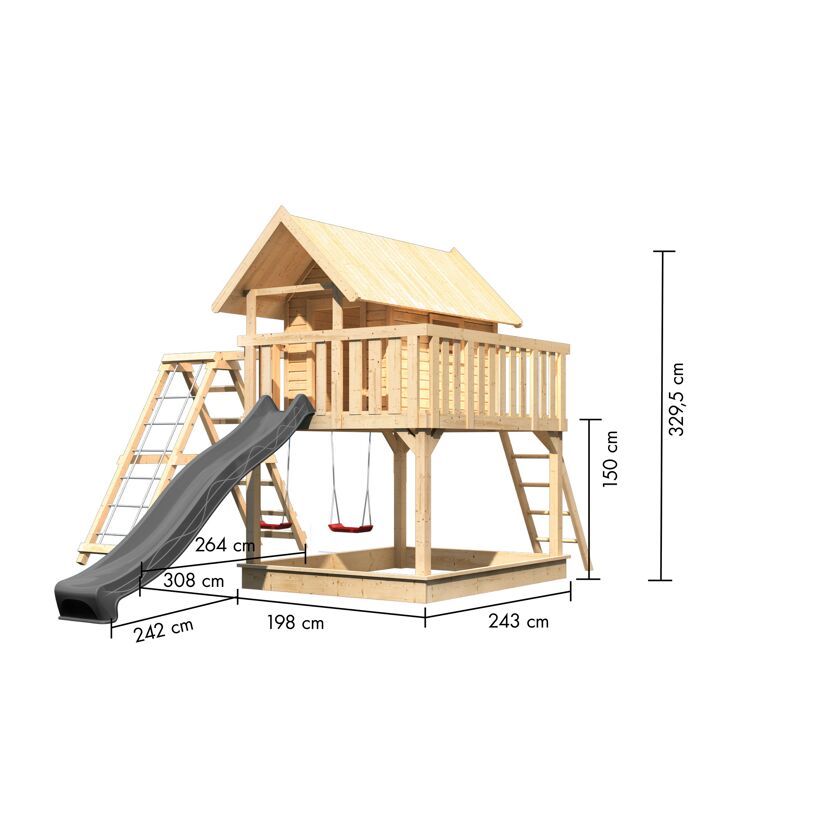 Stelzenhaus 'Karlie' naturbelassen mit Doppelschaukel, Rutsche anthrazit 506 x 485 x 329,5 cm