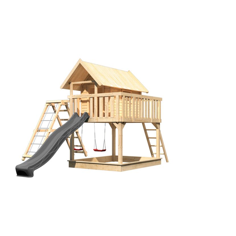 Stelzenhaus 'Karlie' naturbelassen mit Doppelschaukel, Rutsche anthrazit 506 x 485 x 329,5 cm