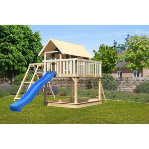 Stelzenhaus 'Karlie' terragrau mit Doppelschaukel, Rutsche blau 506 x 485 x 329,5 cm