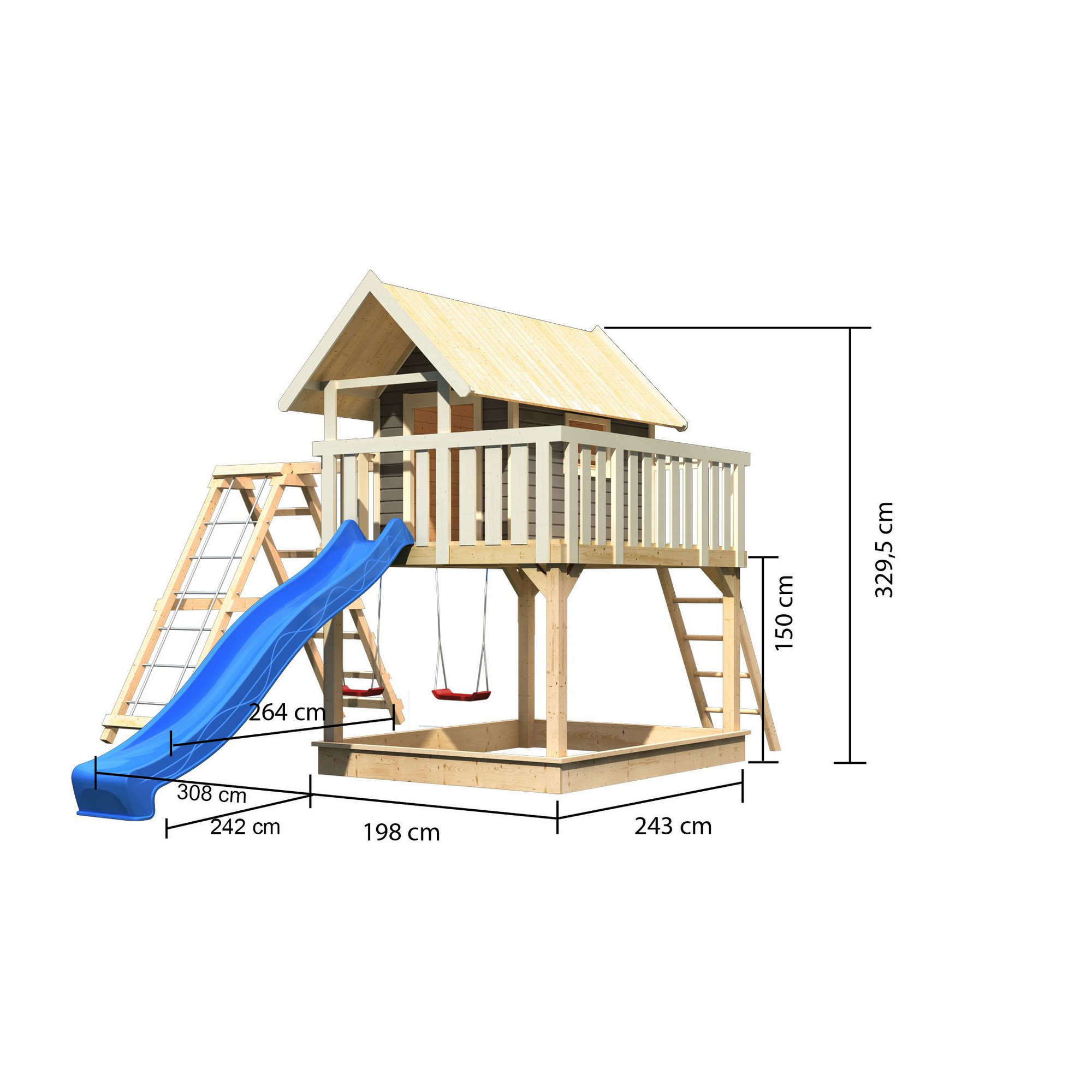 Stelzenhaus 'Karlie' terragrau mit Doppelschaukel, Rutsche blau 506 x 485 x 329,5 cm