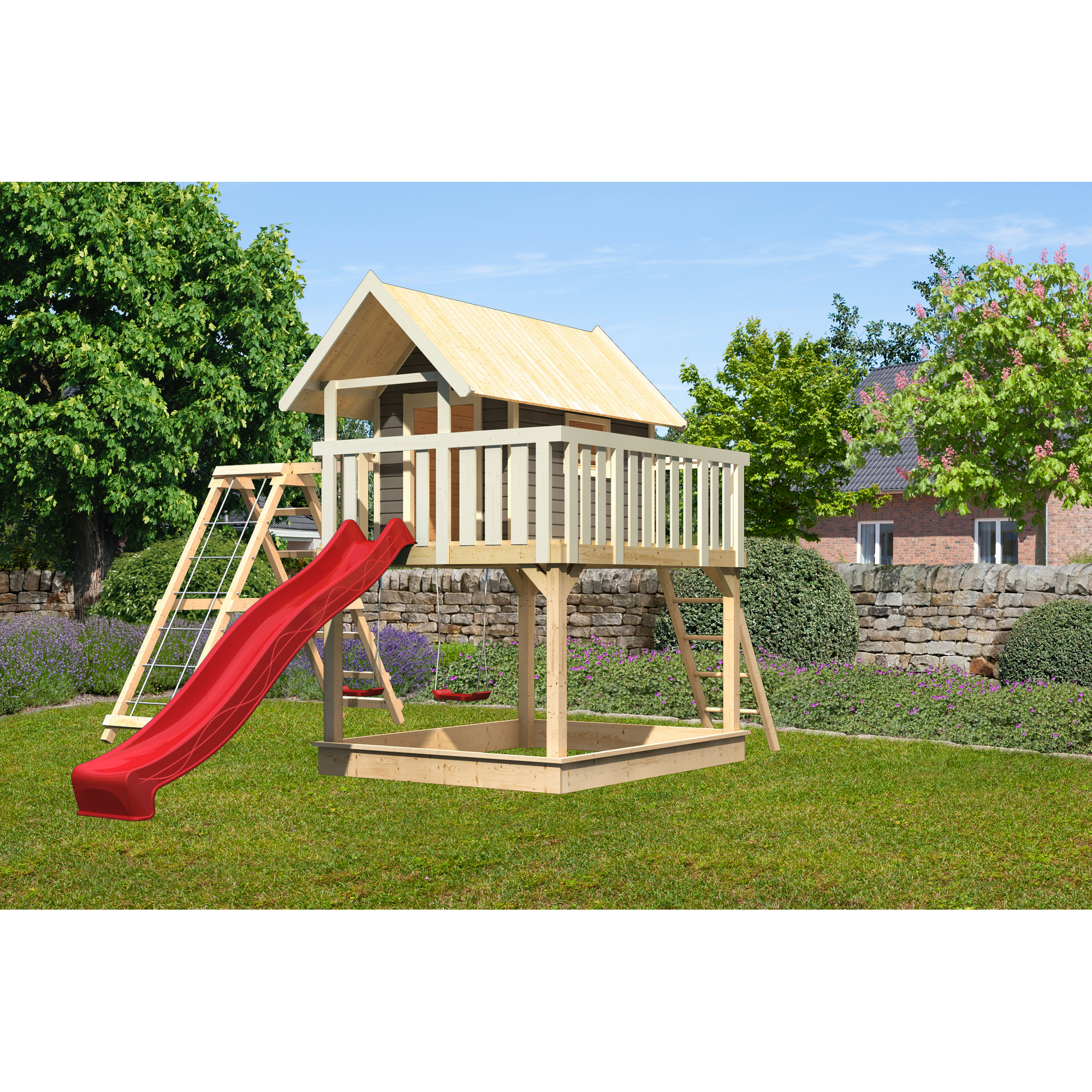 Stelzenhaus 'Karlie' terragrau mit Doppelschaukel, Rutsche rot 506 x 485 x 329,5 cm