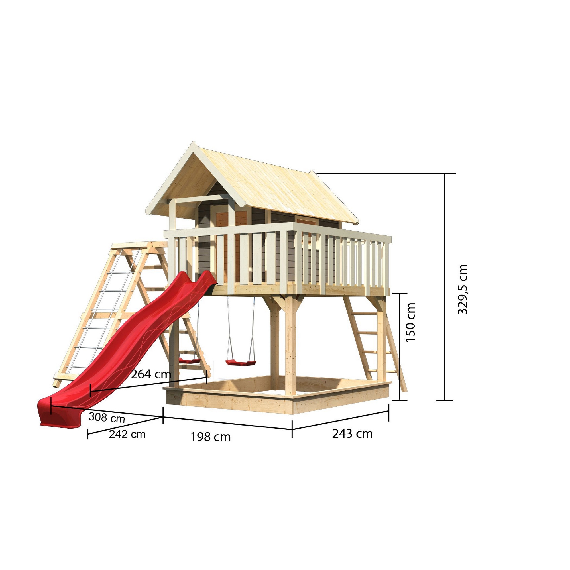 Stelzenhaus 'Karlie' terragrau mit Doppelschaukel, Rutsche rot 506 x 485 x 329,5 cm