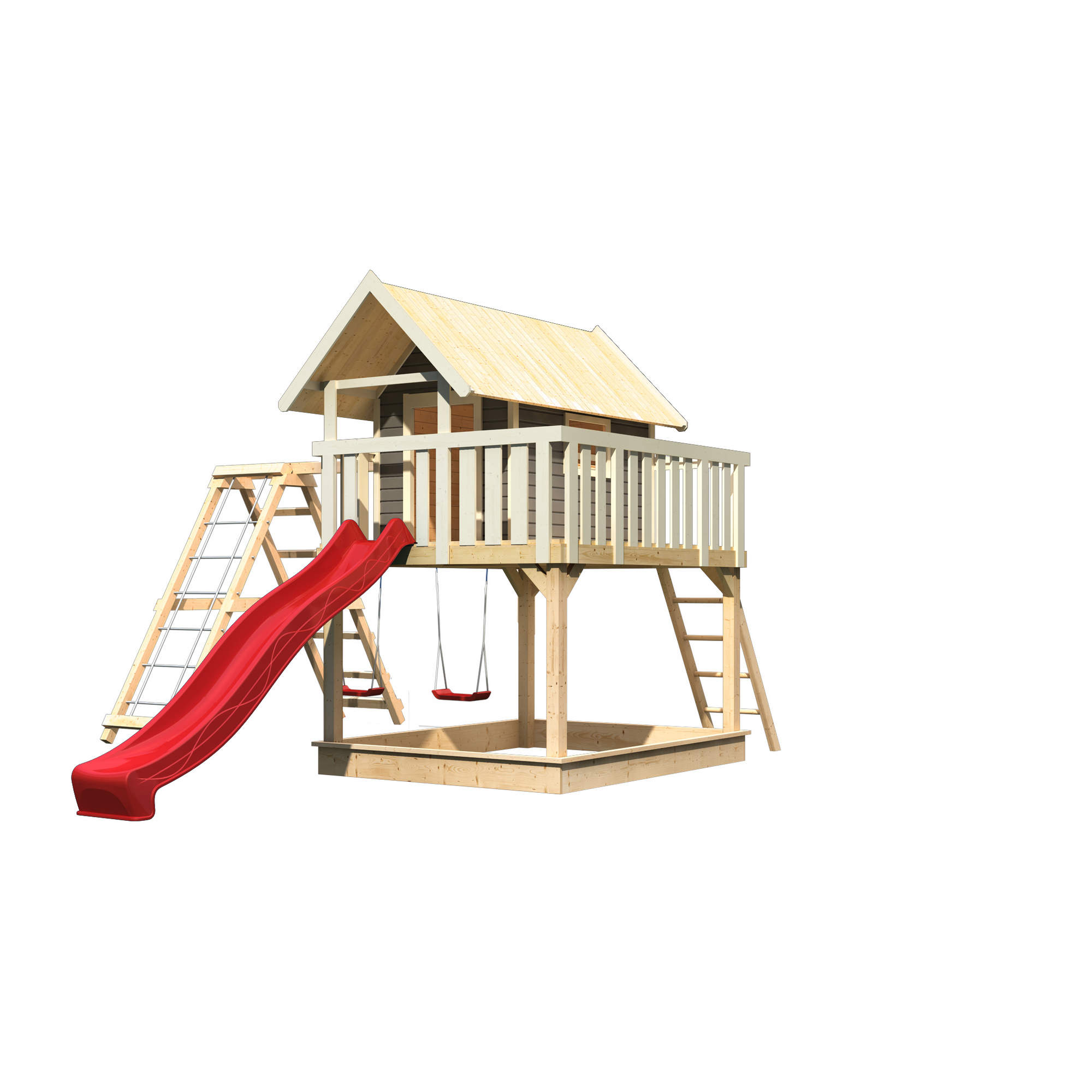 Stelzenhaus 'Karlie' terragrau mit Doppelschaukel, Rutsche rot 506 x 485 x 329,5 cm