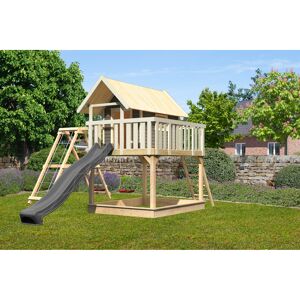 Stelzenhaus 'Karlie' terragrau mit Doppelschaukel, Rutsche anthrazit 506 x 485 x 329,5 cm