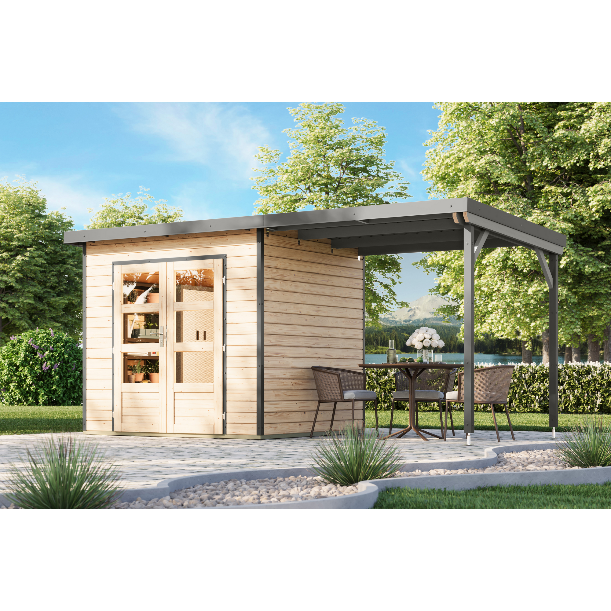 Gartenhaus-Set 'Meteor 2 A' Fichtenholz naturbelassen/graualuminium 469 x 219 x 200,5 cm