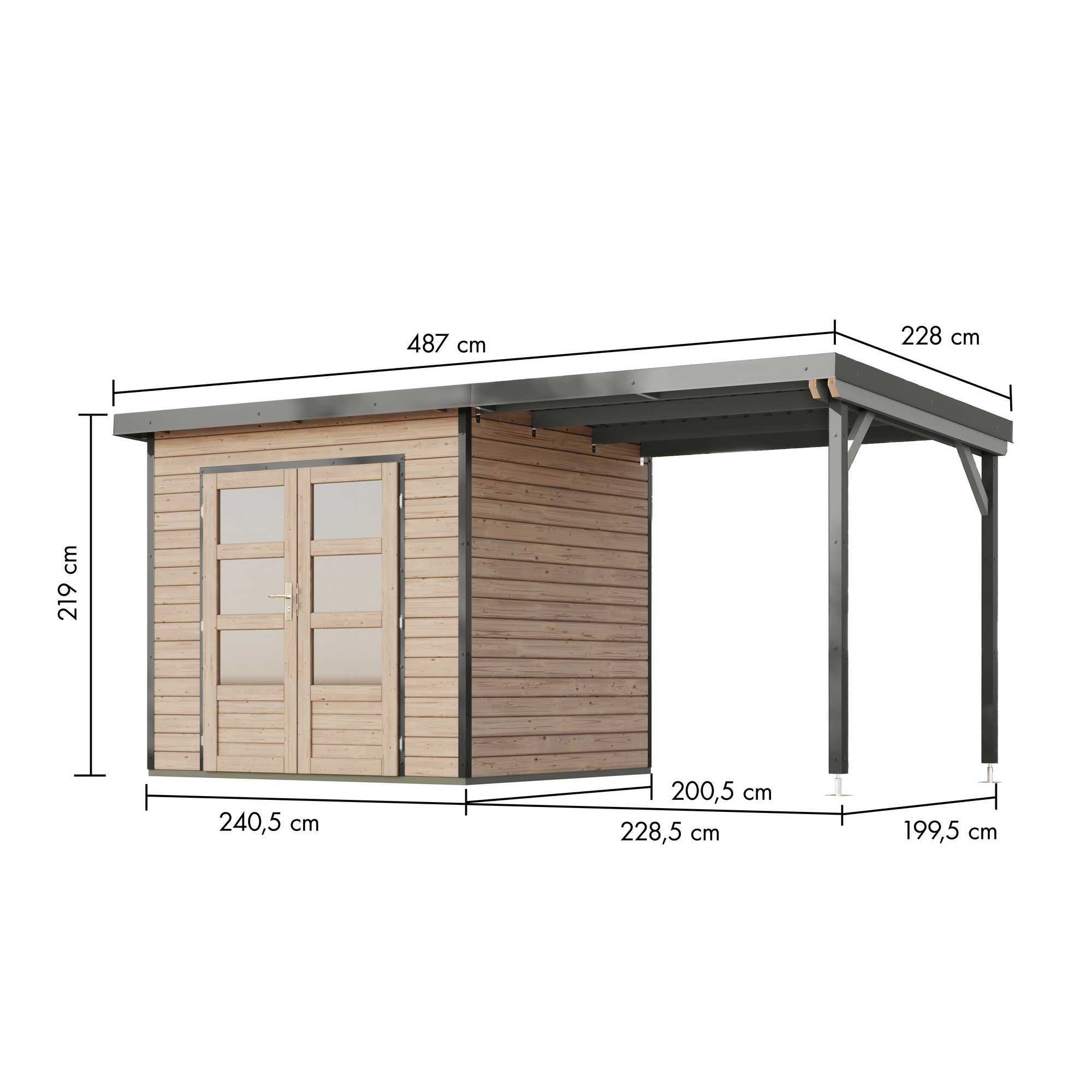 Gartenhaus-Set 'Meteor 2 A' Fichtenholz naturbelassen/graualuminium 469 x 219 x 200,5 cm