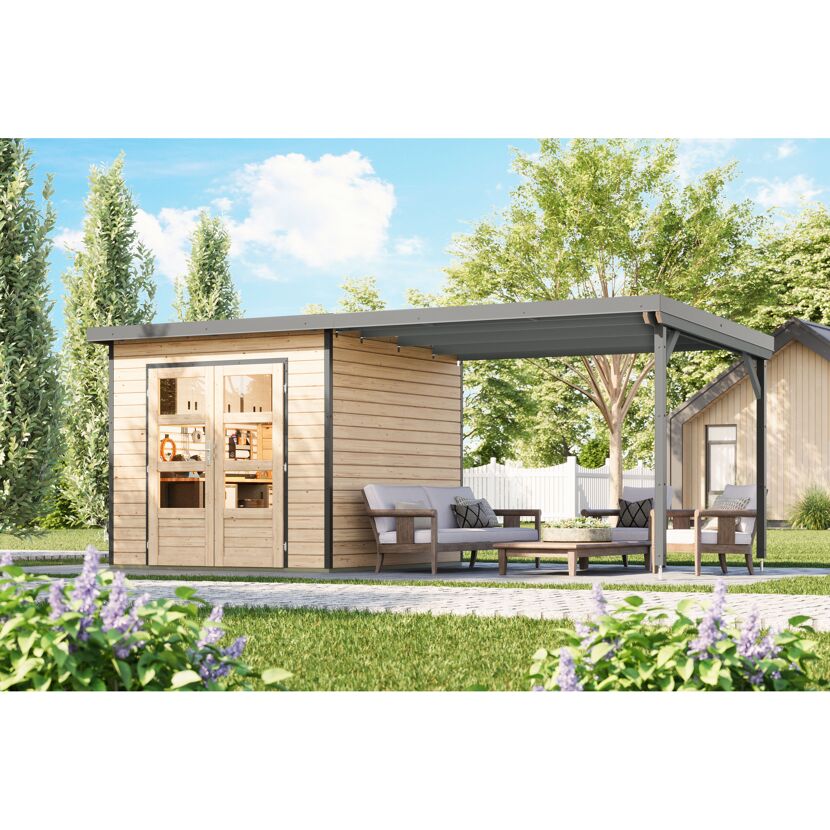 Gartenhaus-Set 'Meteor 3 A' Fichtenholz naturbelassen/graualuminium 544 x 219 x 240,5 cm