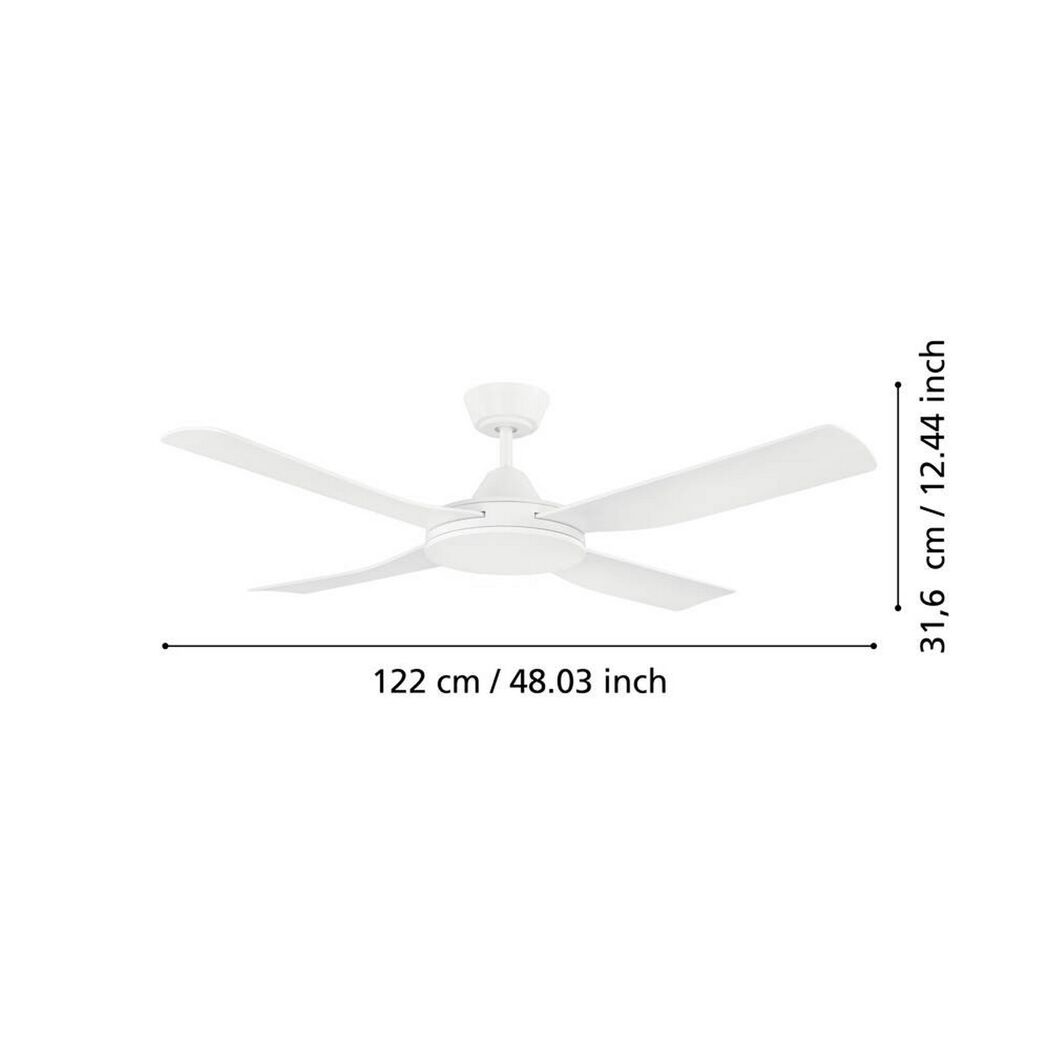 Deckenventilator 'Bondi 1' weiß matt mit Maßen.
