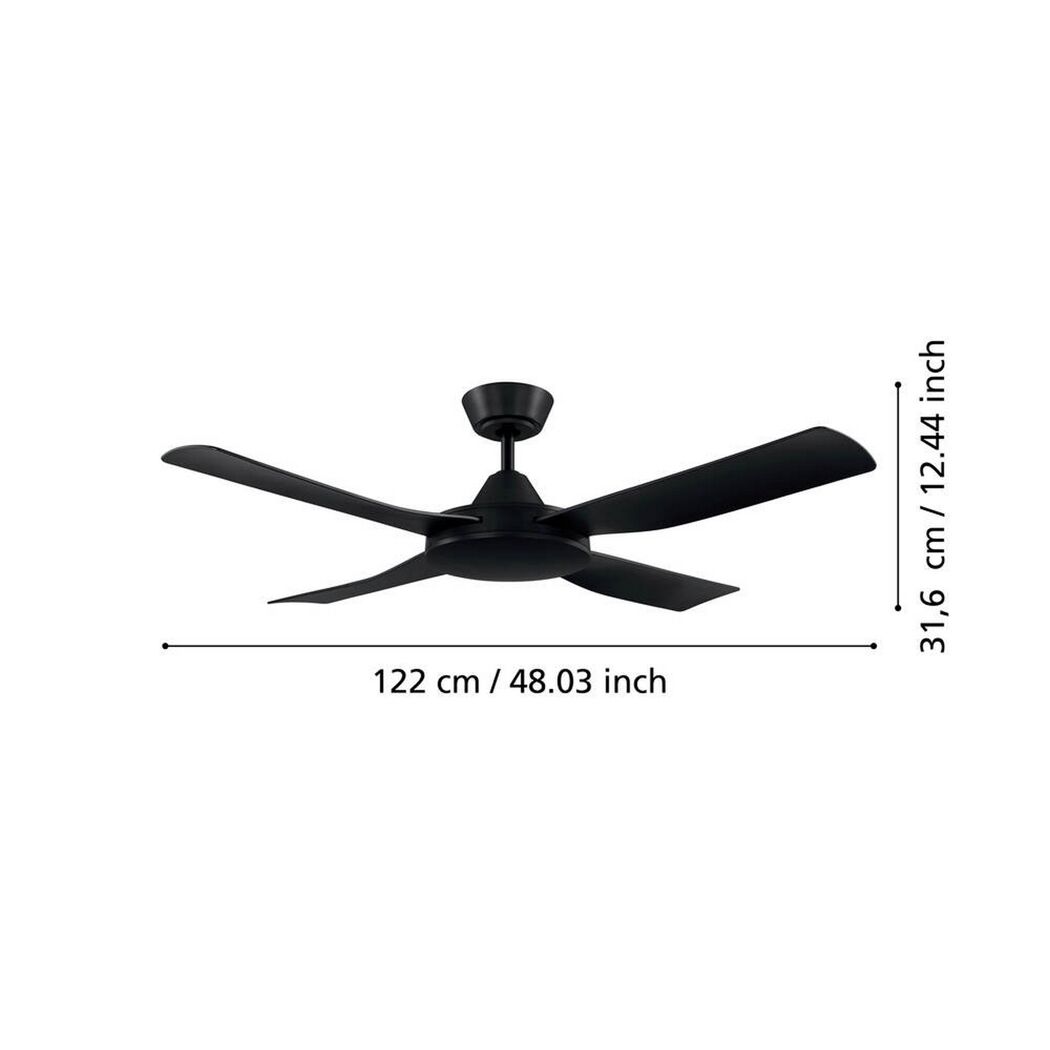 Deckenventilator 'Bondi 1' schwarz matt mit Maßen.