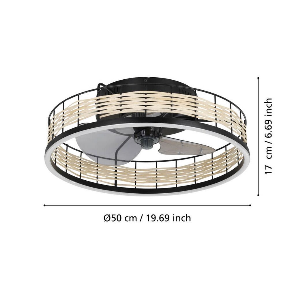 LED-Deckenventilator 'Frana' mit Rattan-Geflecht und Maßen