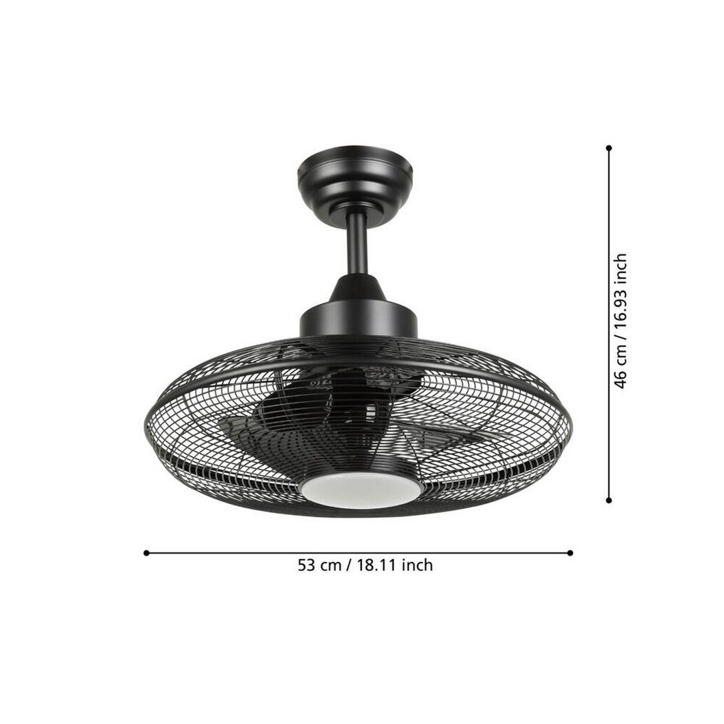 Schwarzer LED-Deckenventilator 'Igeldo' mit Abmessungen.