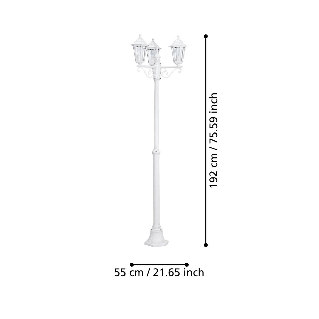Weiße Außenleuchte 'Laterna 5' mit drei Lampen und Maßen.