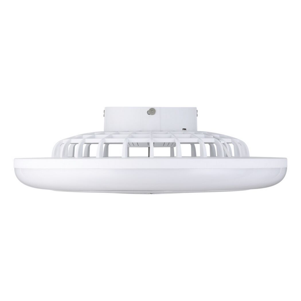 Weißer LED-Deckenventilator mit Beleuchtung, Seitenansicht.