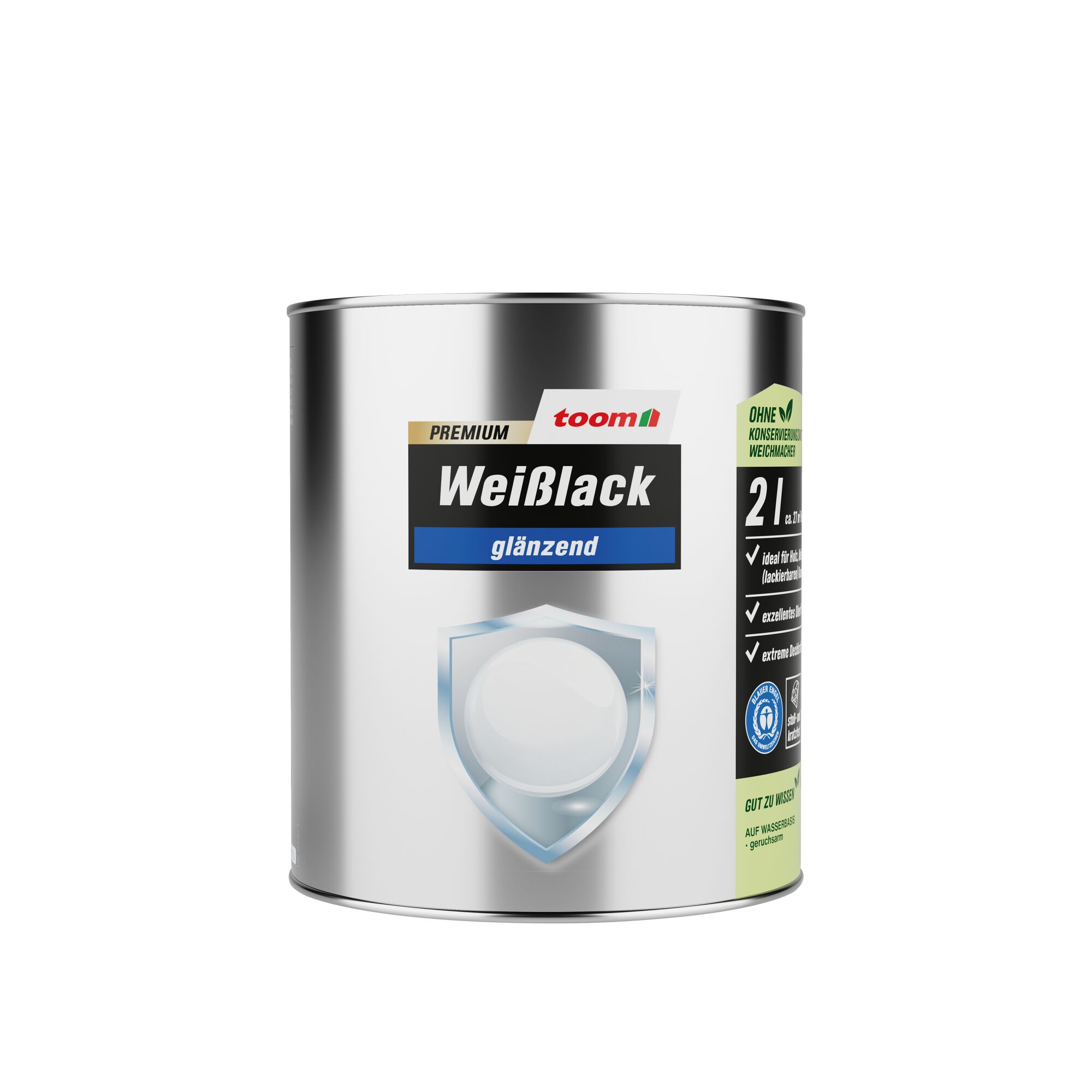 toom Premium Weißlack glänzend 2 Liter Dose.