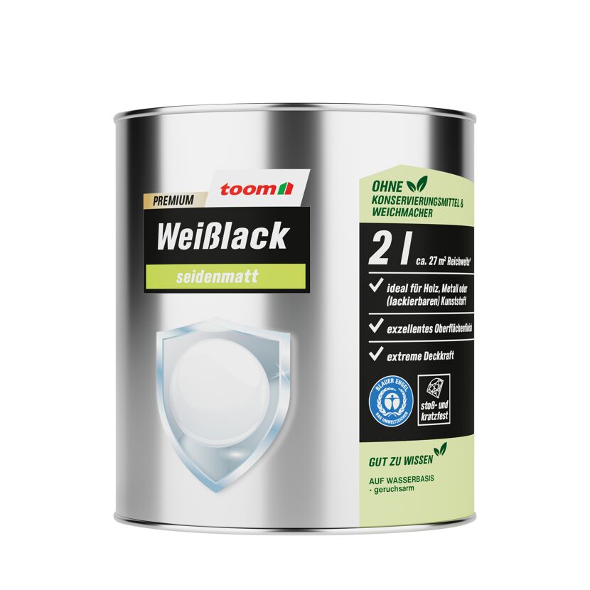 Toom Premium Weißlack seidenmatt 2 Liter Dose.