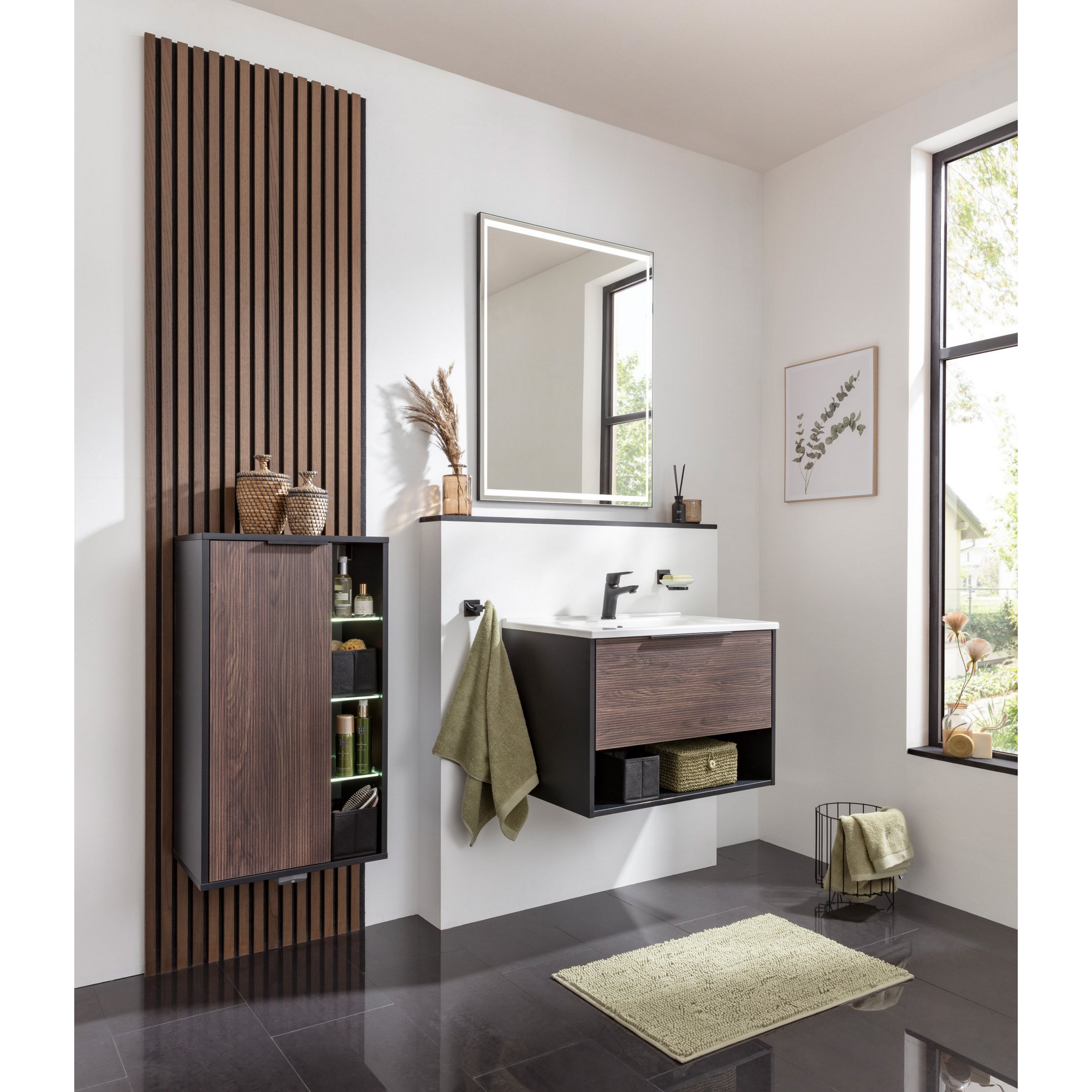 Badmöbelset 'B.Paris' 70 cm 3-teilig schwarz/eichefarben mt Spiegel