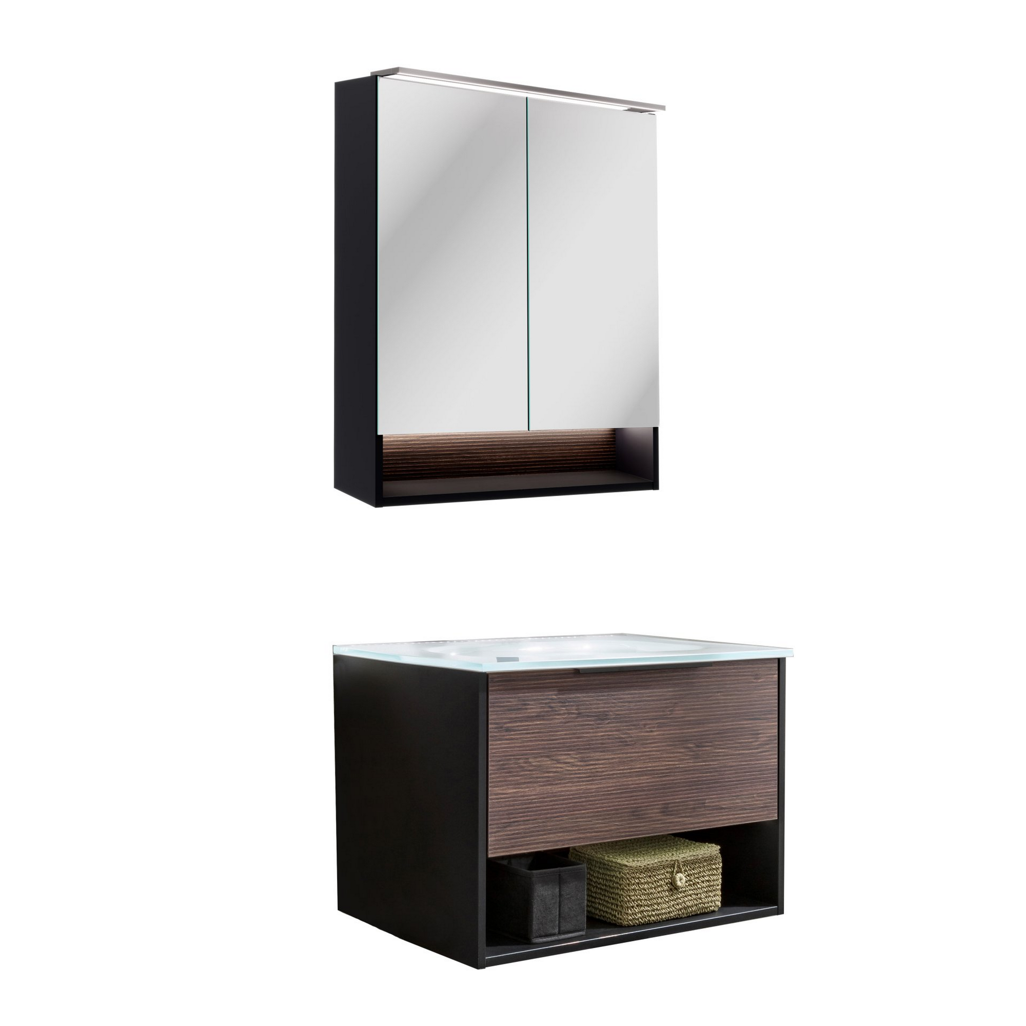 Badmöbelset 'B.Paris' 70 cm 3-teilig schwarz/eichefarben mit Spiegelschrank