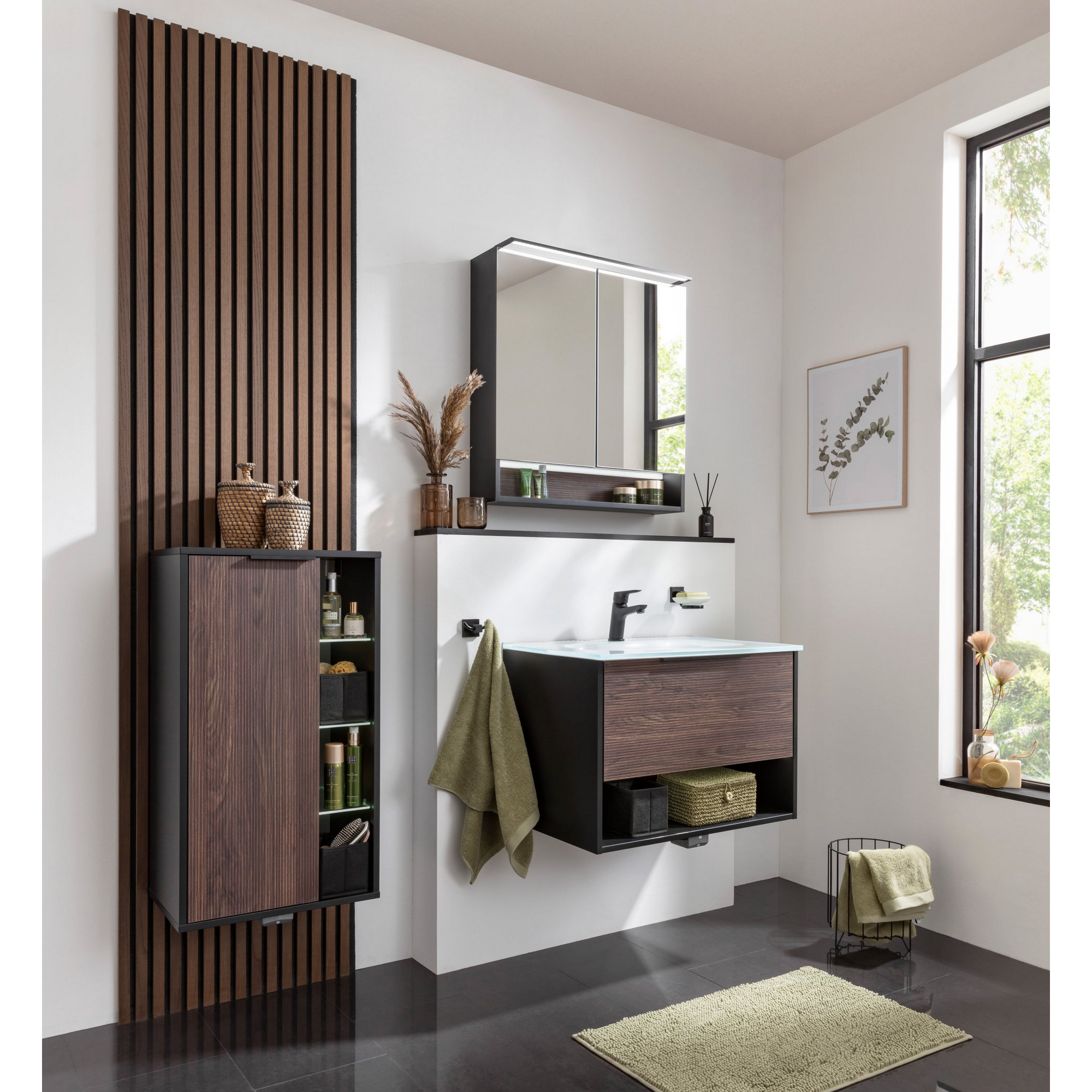 Badmöbelset 'B.Paris' 70 cm 3-teilig schwarz/eichefarben mit Spiegelschrank