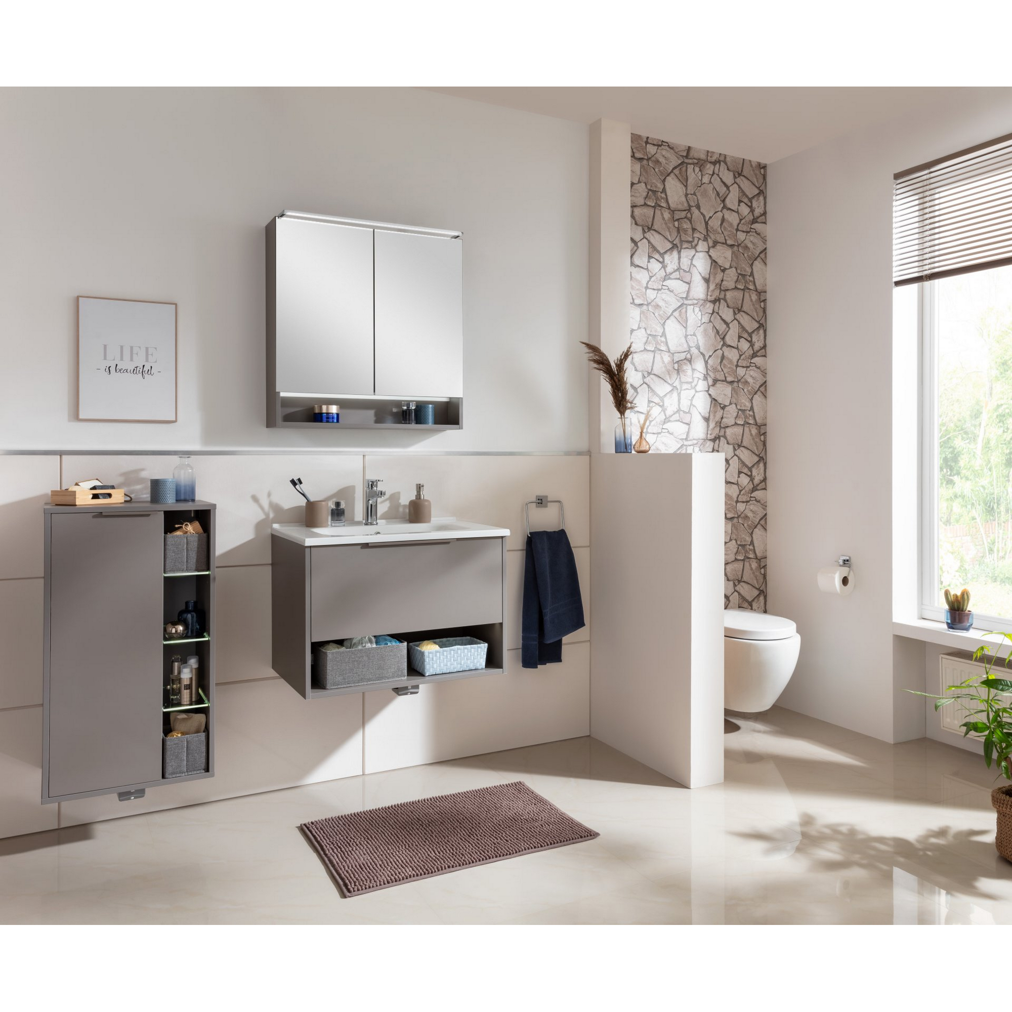 Badmöbelset 'B.Paris' 70 cm 3-teilig grau mit Spiegelschrank