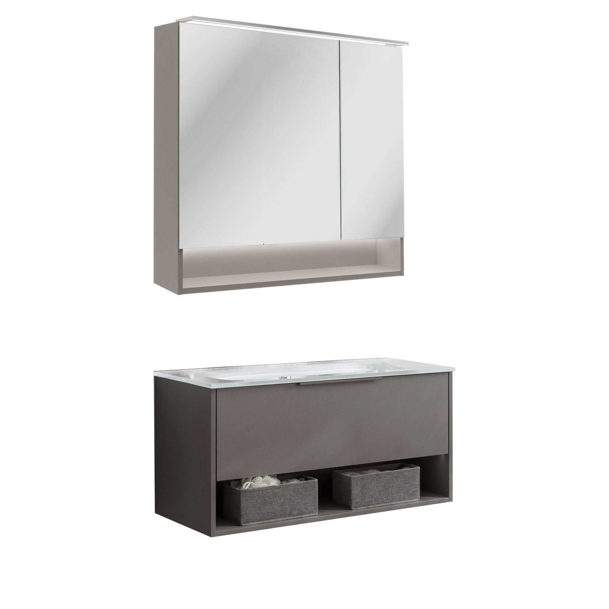 Badmöbelset 'B.Paris' 90 cm 3-teilig grau mit Spiegelschrank