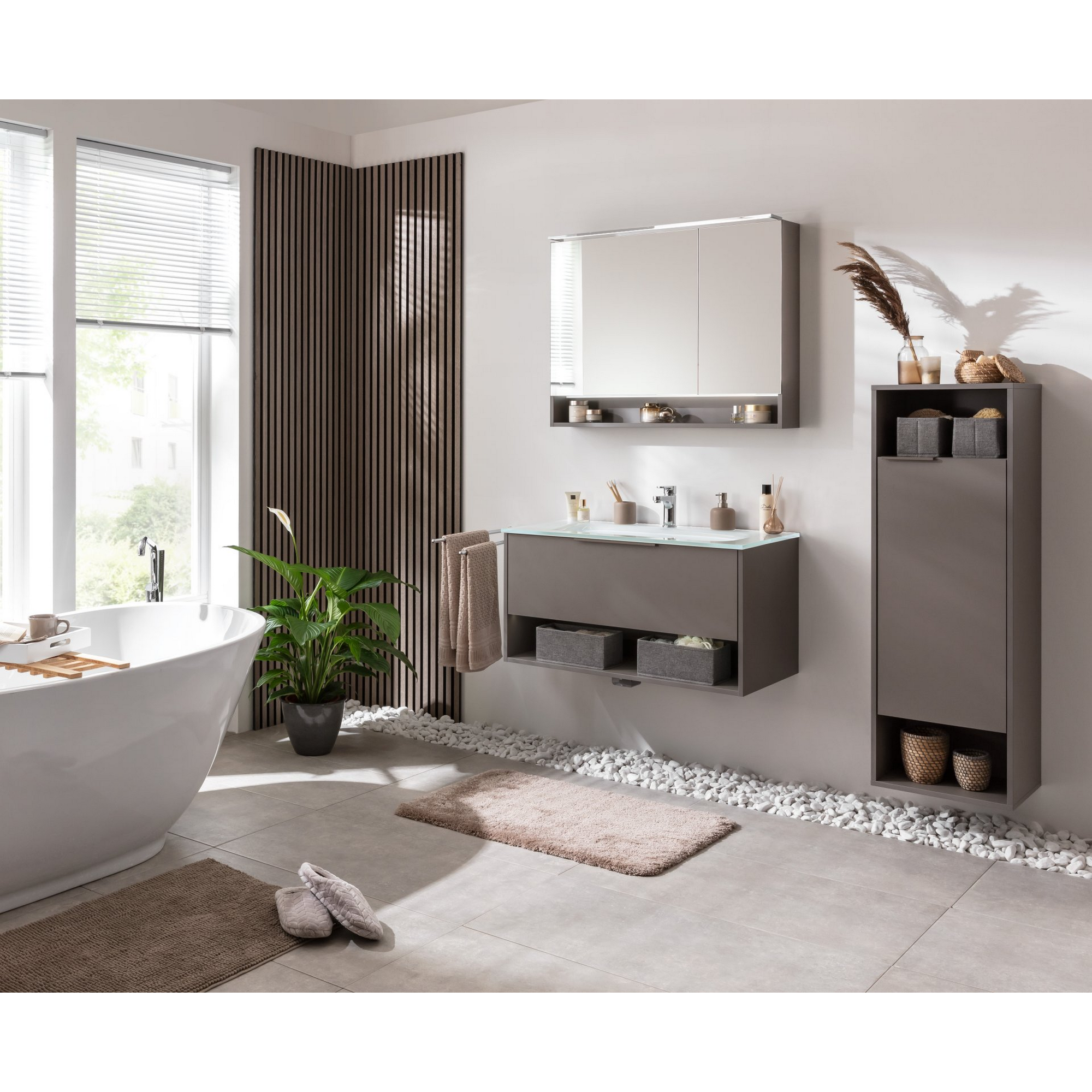 Badmöbelset 'B.Paris' 90 cm 3-teilig grau mit Spiegelschrank