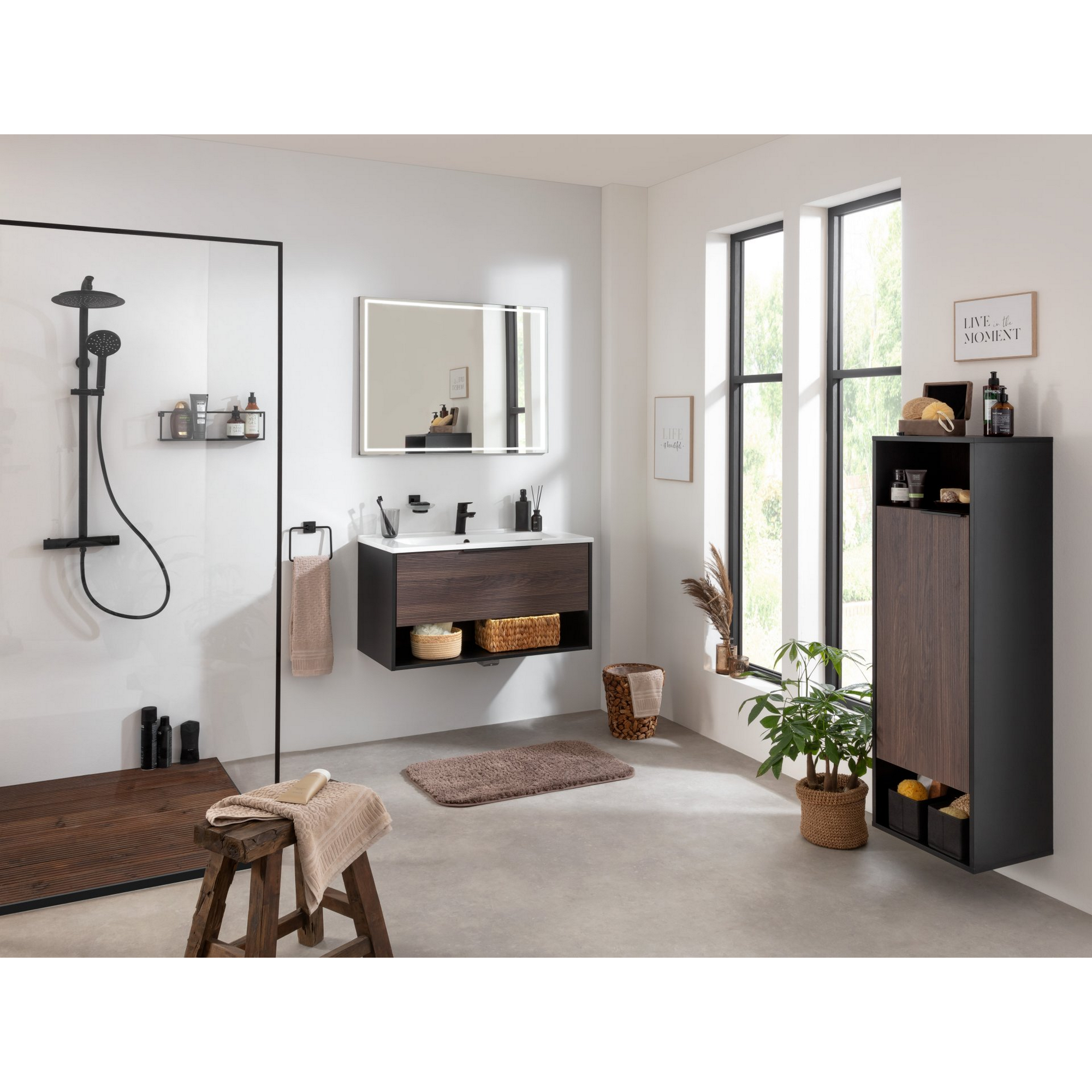 Badmöbelset 'B.Paris' 90 cm 3-teilig shwarz/eichefarben mit Spiegel