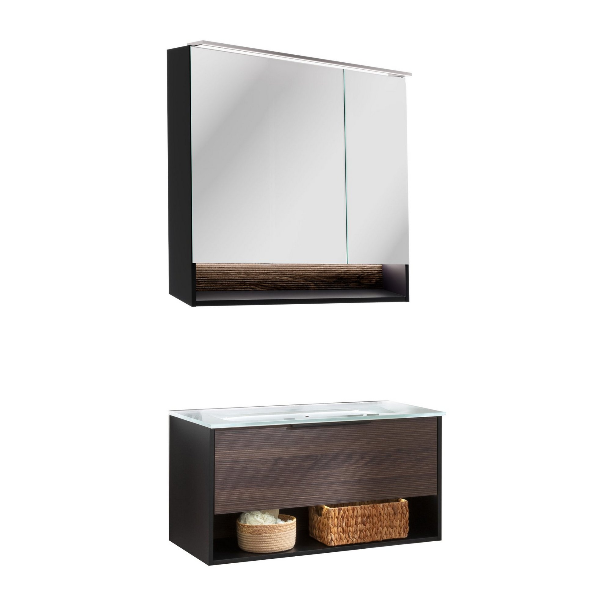 Badmöbelset 'B.Paris' 90cm 3-teilig schwarz/eichefarben mit Spiegelschrank