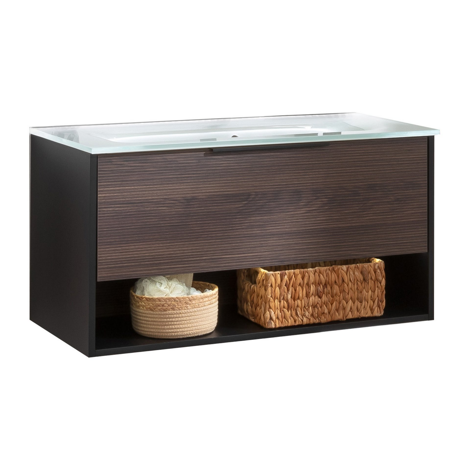 Badmöbelset 'B.Paris' 90cm 3-teilig schwarz/eichefarben mit Spiegelschrank