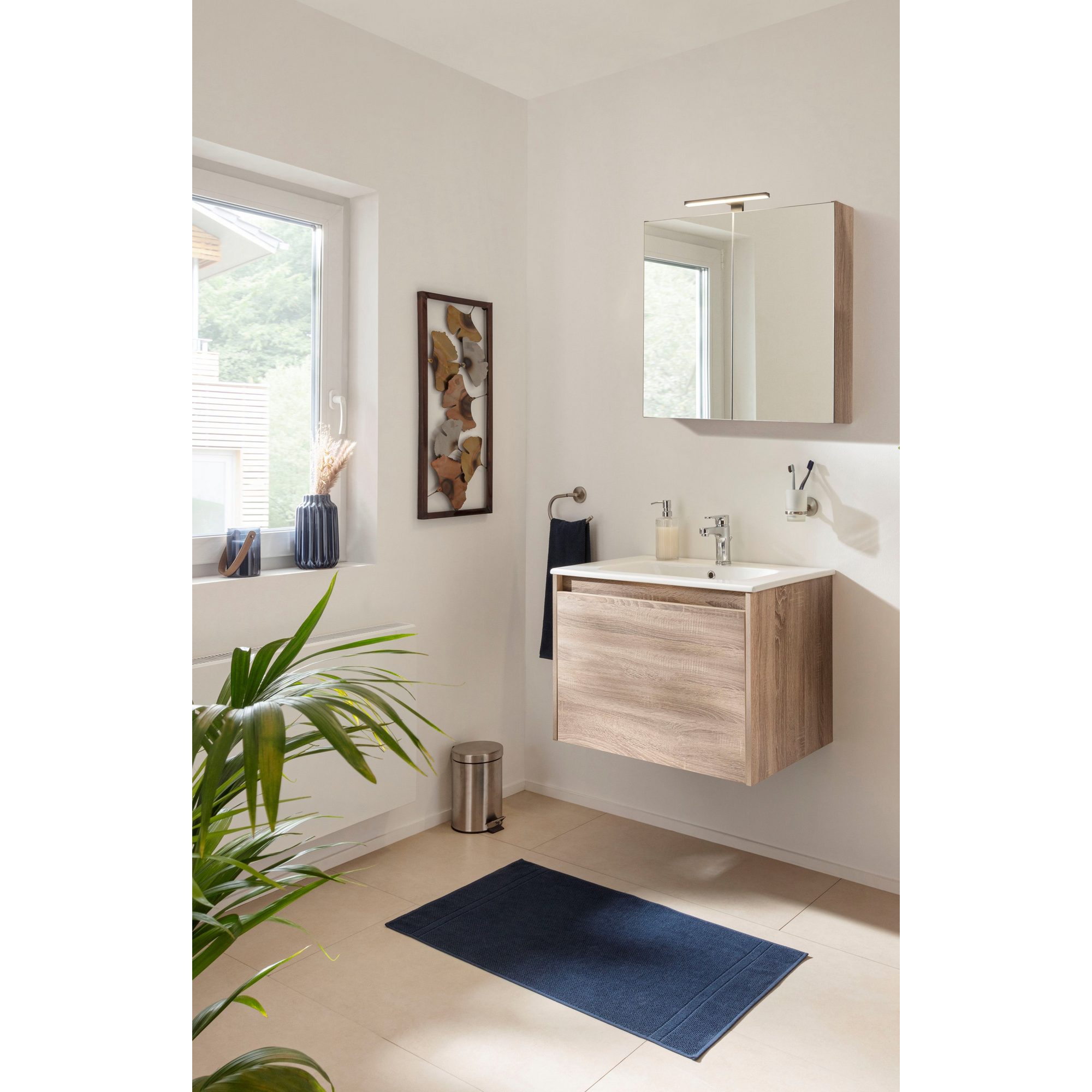 Badmöbelset 'Compact Line' 70 cm 5-teilig eichefarben mit Spiegelschrank