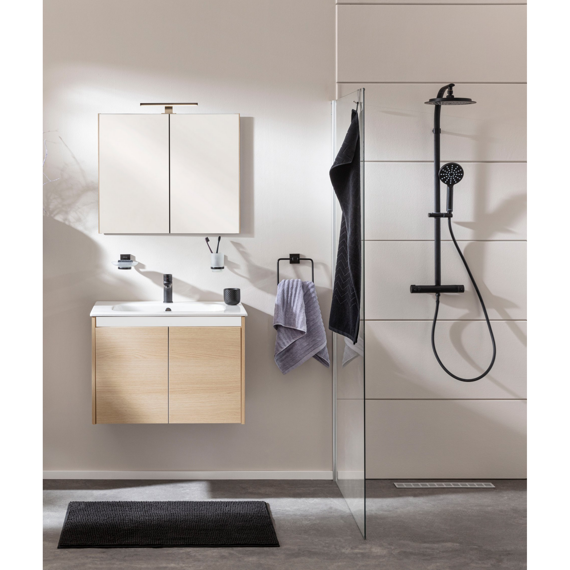 Badmöbelset 'Compact Line' 70 cm 5-teilig eichefarben mit Spiegelschrank