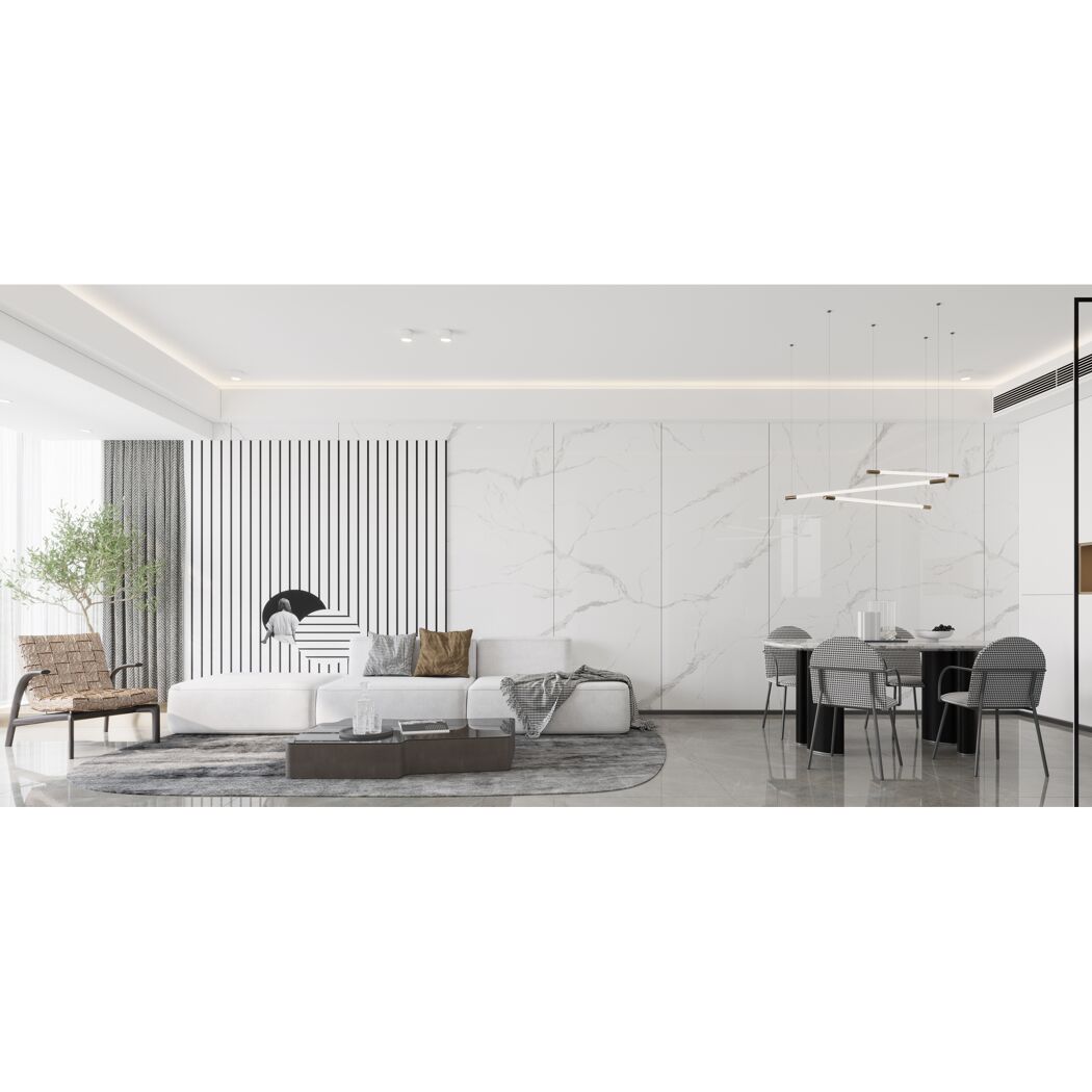 Wandpaneel 'Marble Sassari' Marmoroptik weiß im modernen Wohnzimmer.